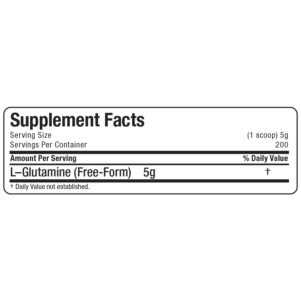 Ingredient list and nutrition facts on ALLMAX L Glutamine Powder packaging.