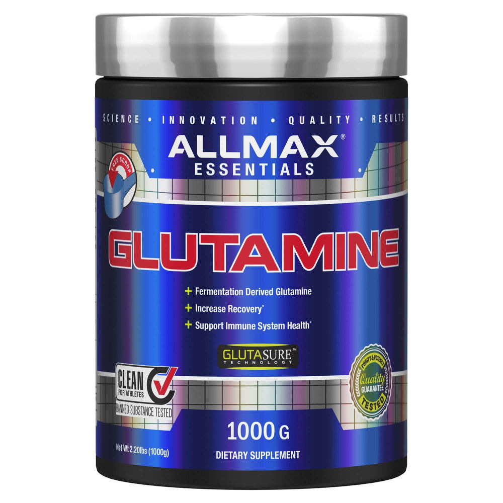ALLMAX L Glutamine Powder jar shows pure fermented formula for gut health and recovery.