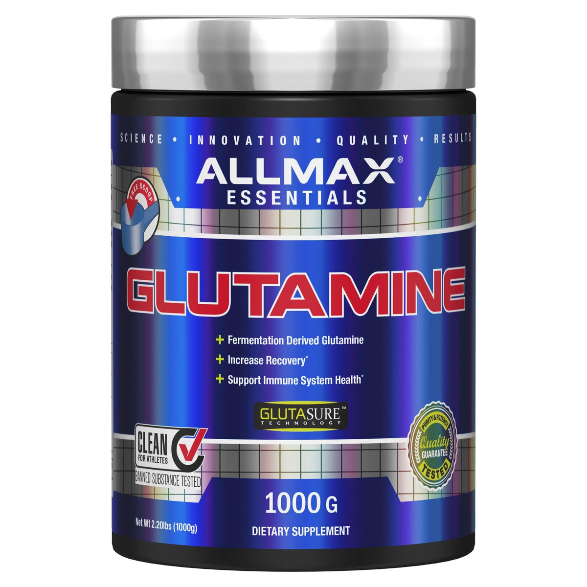 ALLMAX L Glutamine Powder jar shows pure fermented formula for gut health and recovery.