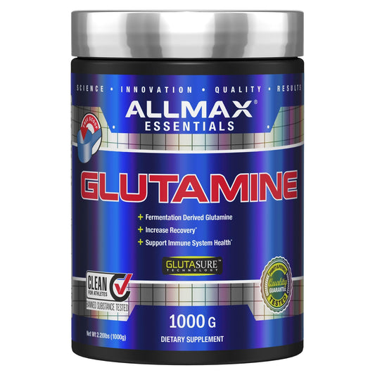 ALLMAX L Glutamine Powder jar shows pure fermented formula for gut health and recovery.