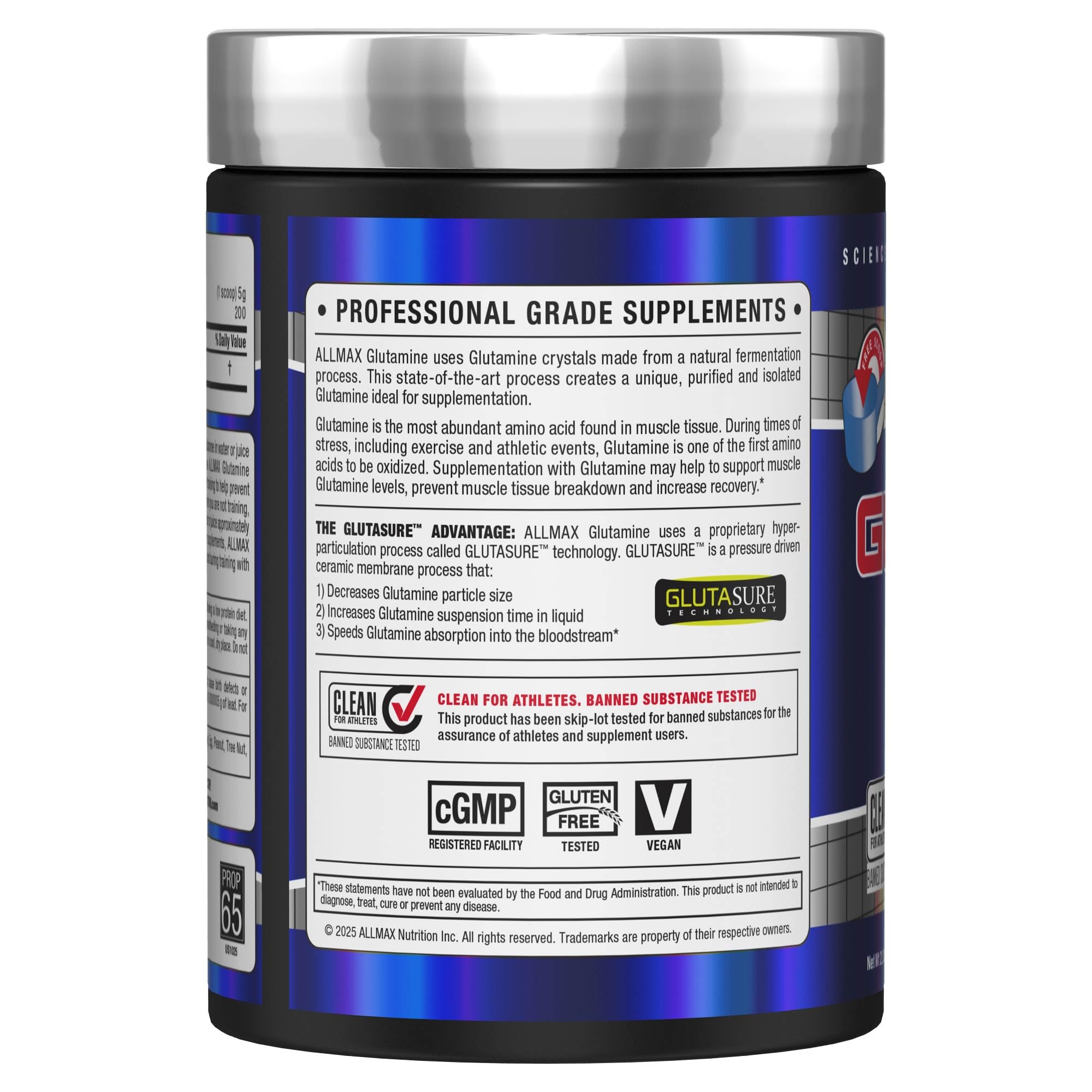 Scoop of ALLMAX L Glutamine Powder ready to mix for post-workout recovery and energy.