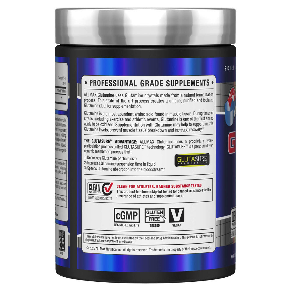 Scoop of ALLMAX L Glutamine Powder ready to mix for post-workout recovery and energy.