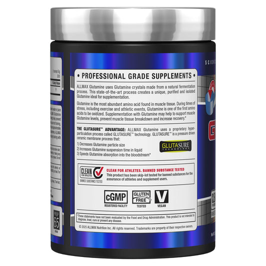 Scoop of ALLMAX L Glutamine Powder ready to mix for post-workout recovery and energy.