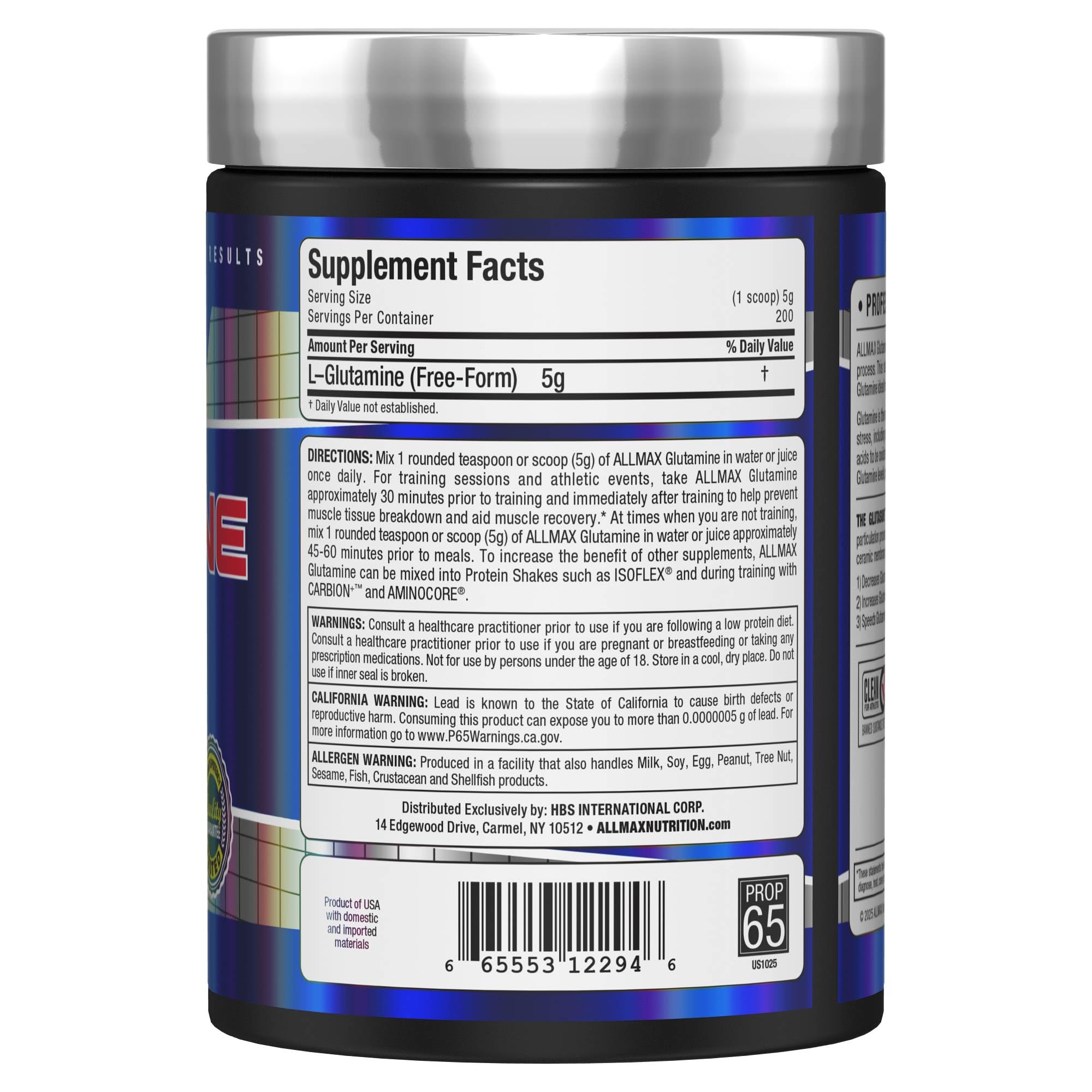 Unflavored ALLMAX L Glutamine Powder label highlighting fermentation and vegan, gluten-free features.