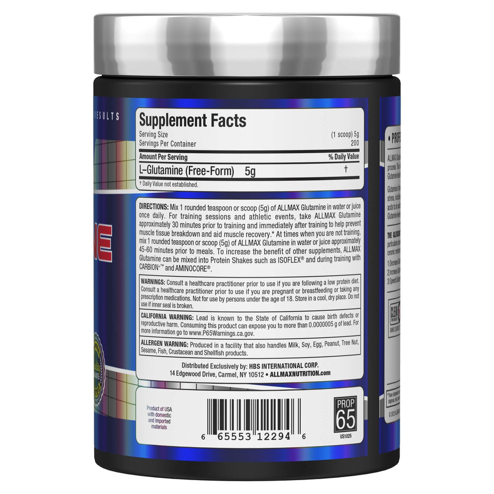 Unflavored ALLMAX L Glutamine Powder label highlighting fermentation and vegan, gluten-free features.