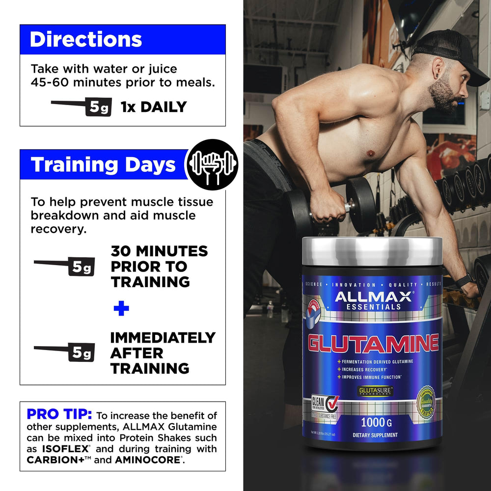 Vegan badge on ALLMAX L Glutamine Powder for plant-based lifestyles.