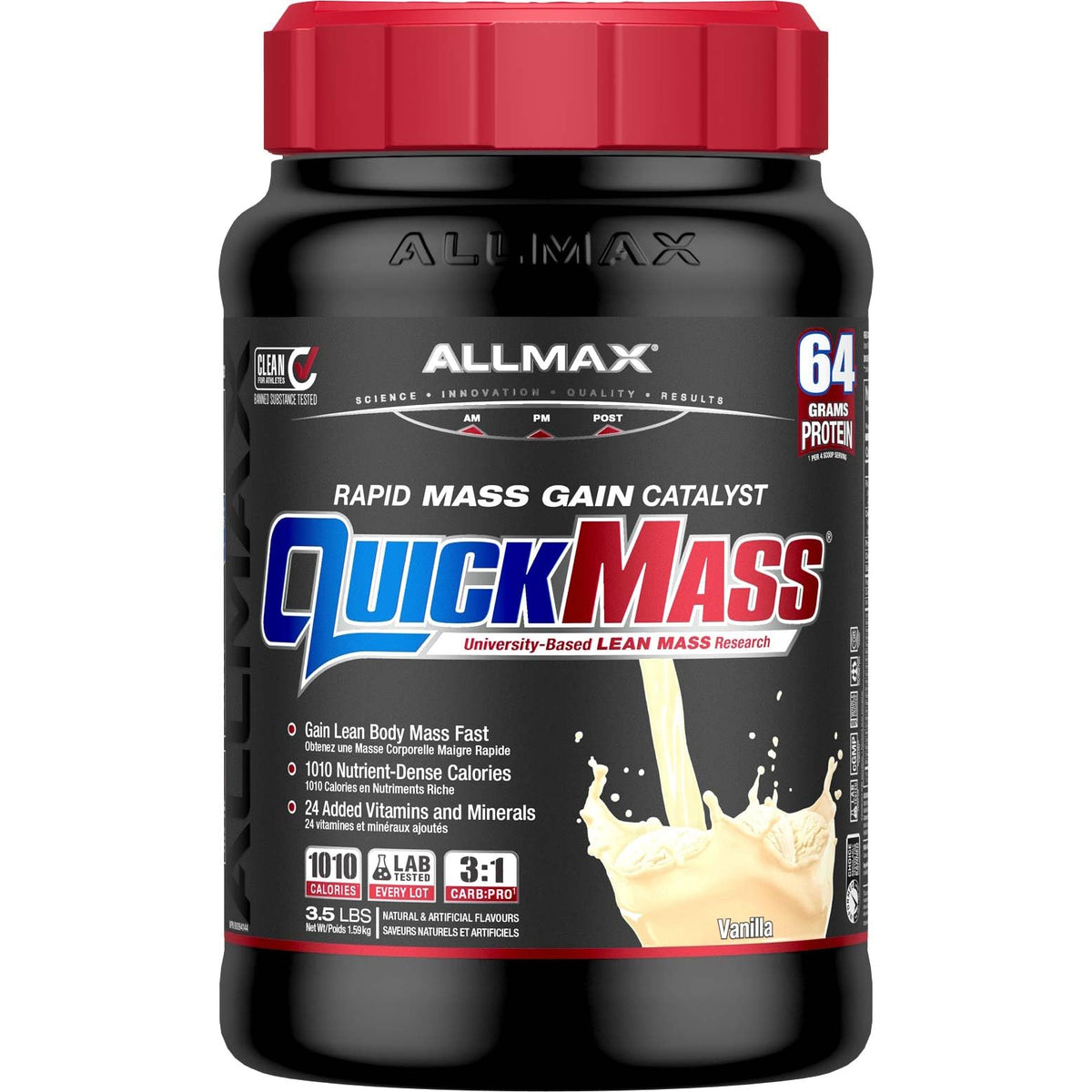 ALLMAX QuickMass vanilla powder bottle showing protein-packed formula for muscle support