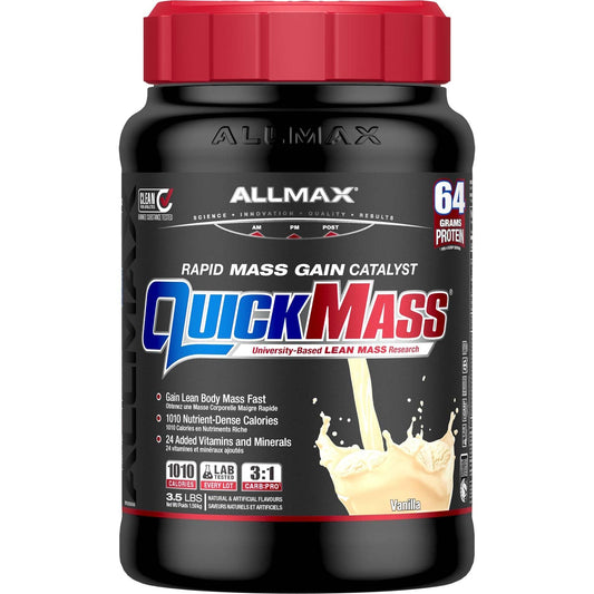 ALLMAX QuickMass vanilla powder bottle showing protein-packed formula for muscle support