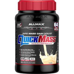 ALLMAX QuickMass vanilla powder bottle showing protein-packed formula for muscle support