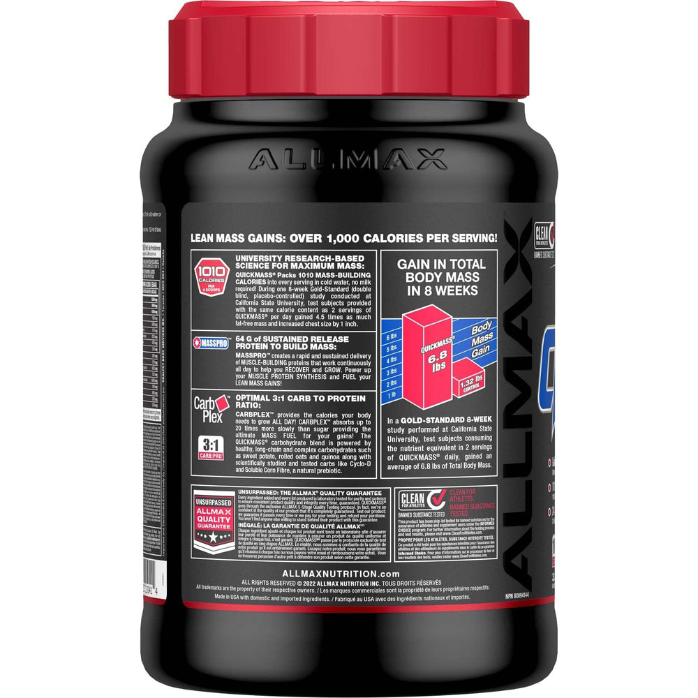 ALLMAX QuickMass vanilla shake in glass illustrating creamy texture and convenient use