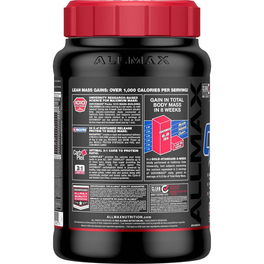ALLMAX QuickMass vanilla shake in glass illustrating creamy texture and convenient use