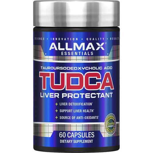 Allmax TUDCA+ bottle front view for daily liver and gut wellness support.