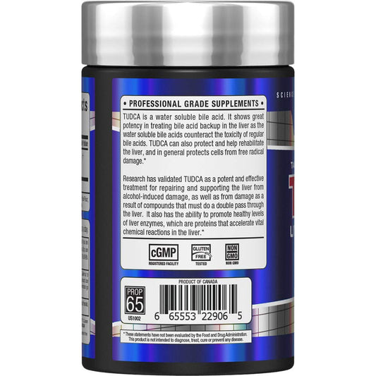 Allmax TUDCA+ bottle label close-up highlighting gluten-free and non-GMO features.