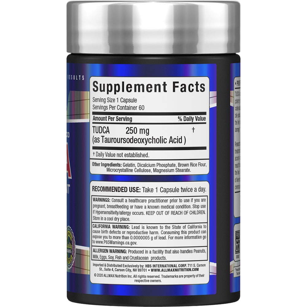Allmax TUDCA+ capsules close-up showing easy daily dosage.