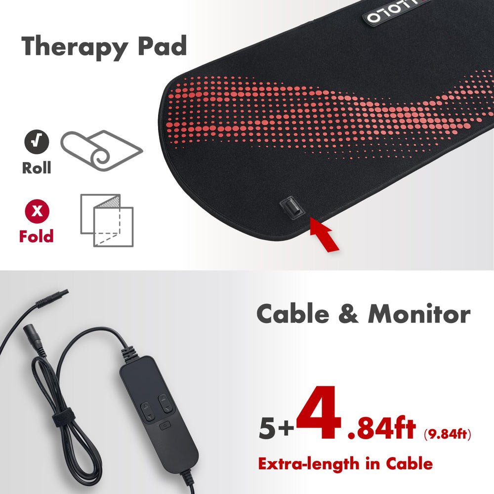 ALLOLO red light therapy pad over legs for full coverage and relaxation.
