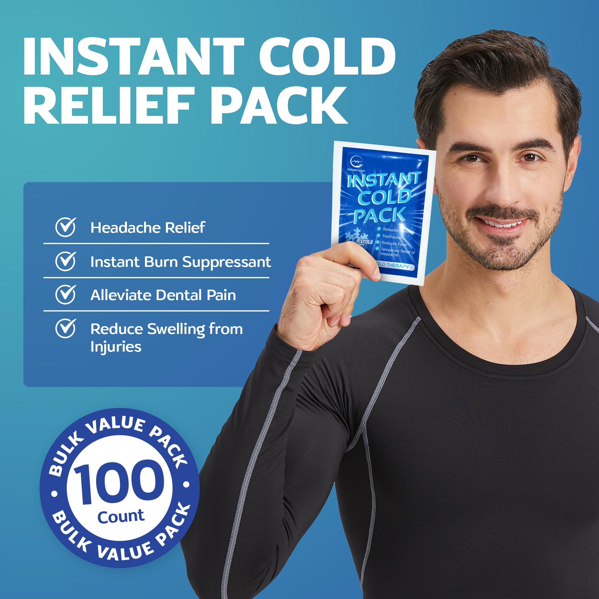 AllSett Health 100-pack ice packs bulk packaging shown for cost savings.