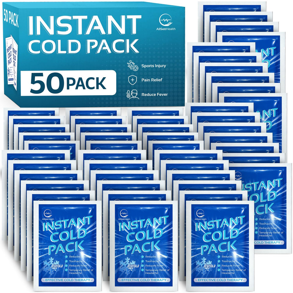AllSett Health 50-pack ice pack activation demonstrates instant cold relief without freezing