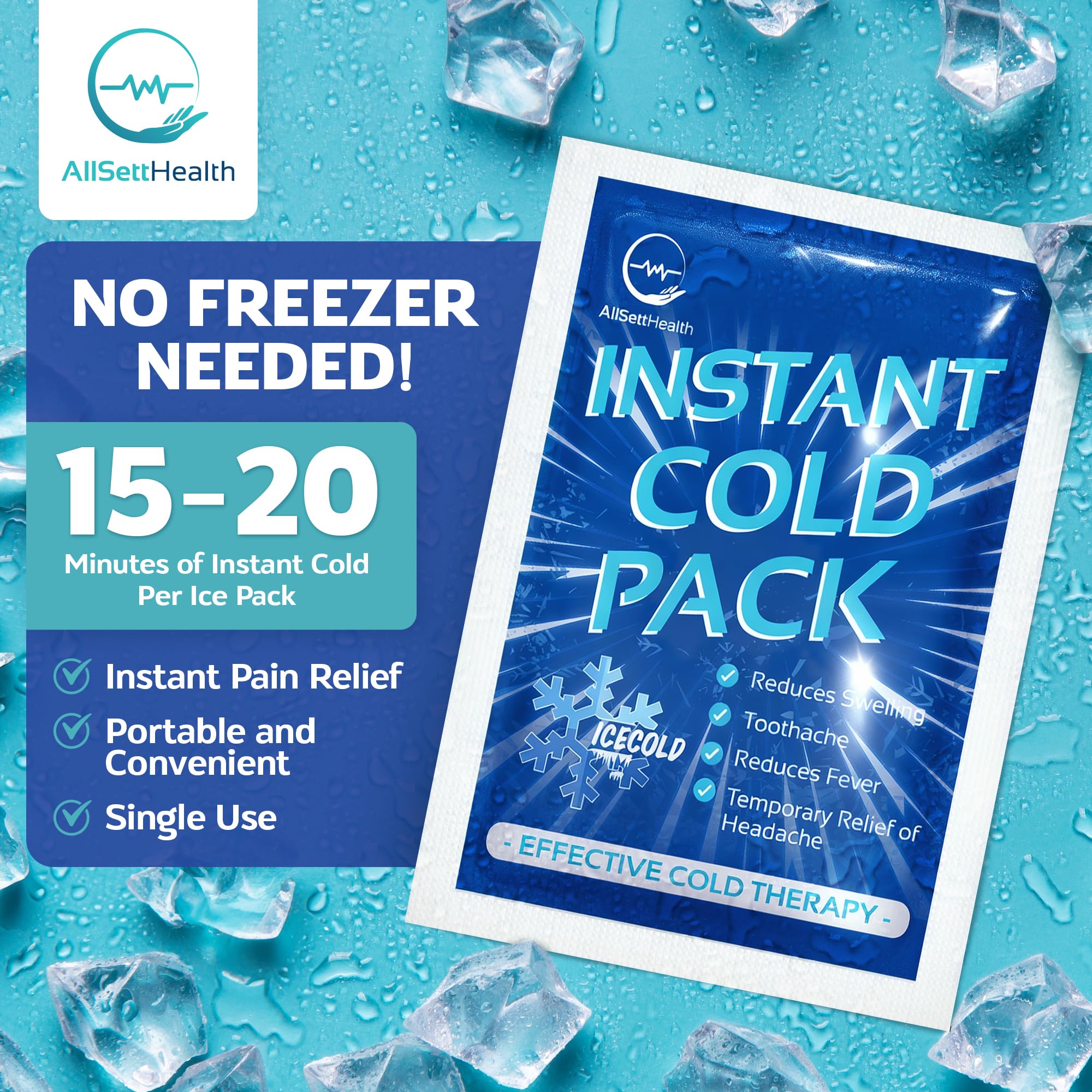 AllSett Health disposable ice packs shown on knee and ankle for versatile relief.