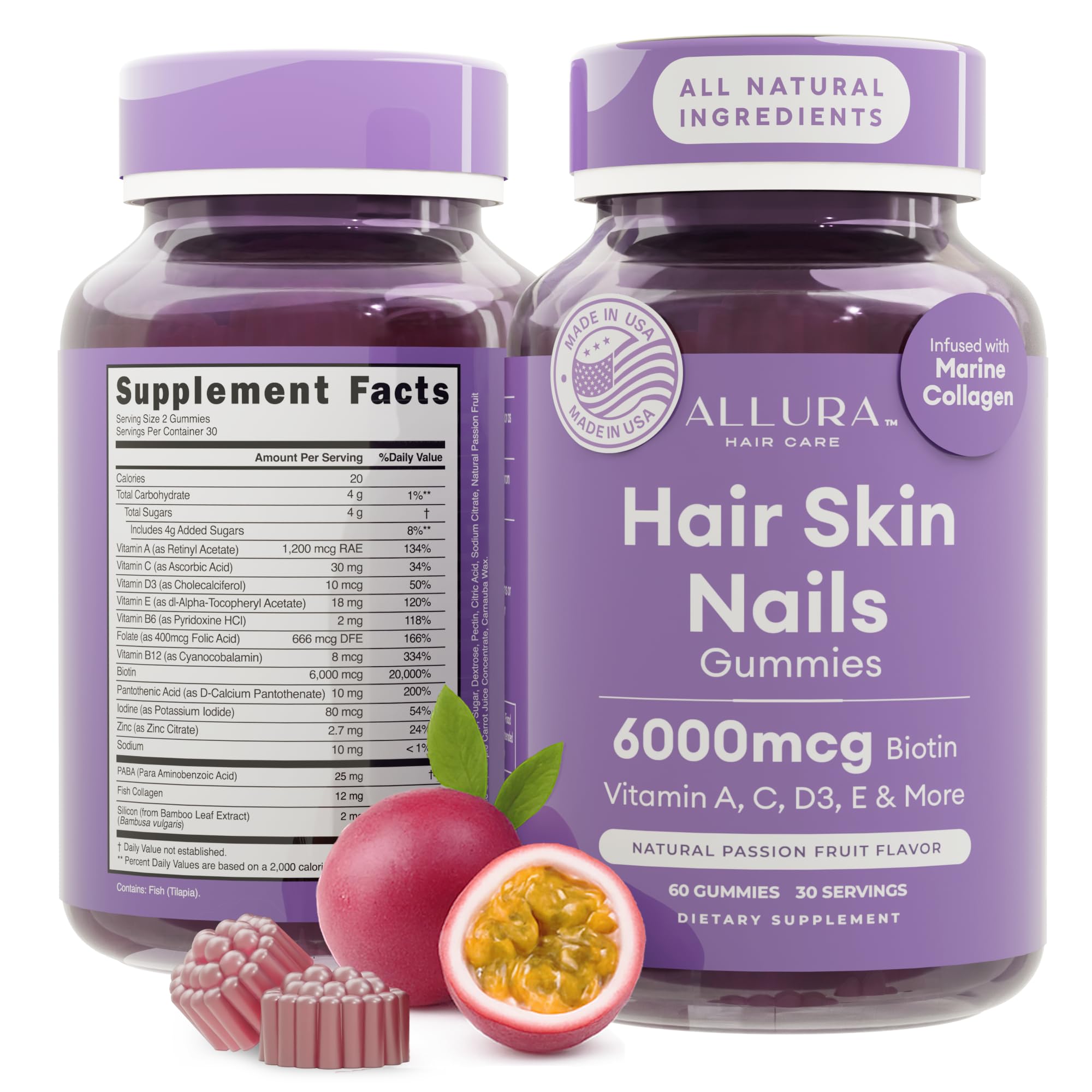 ALLURA HAIR hair-growth gummies bottle highlighting 6000mcg biotin for stronger hair