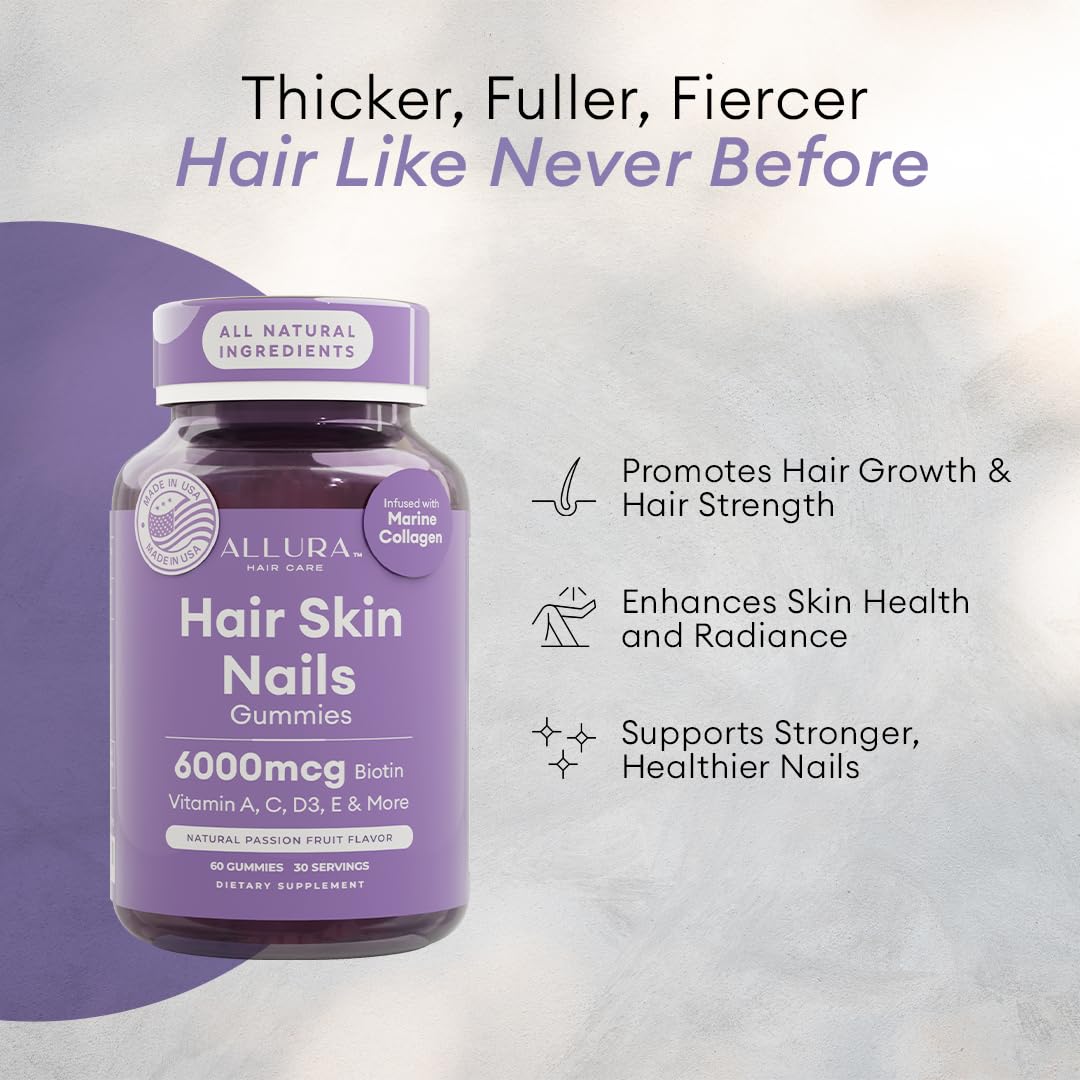 ALLURA HAIR marine-collagen gummies bottle emphasizes skin and nails support
