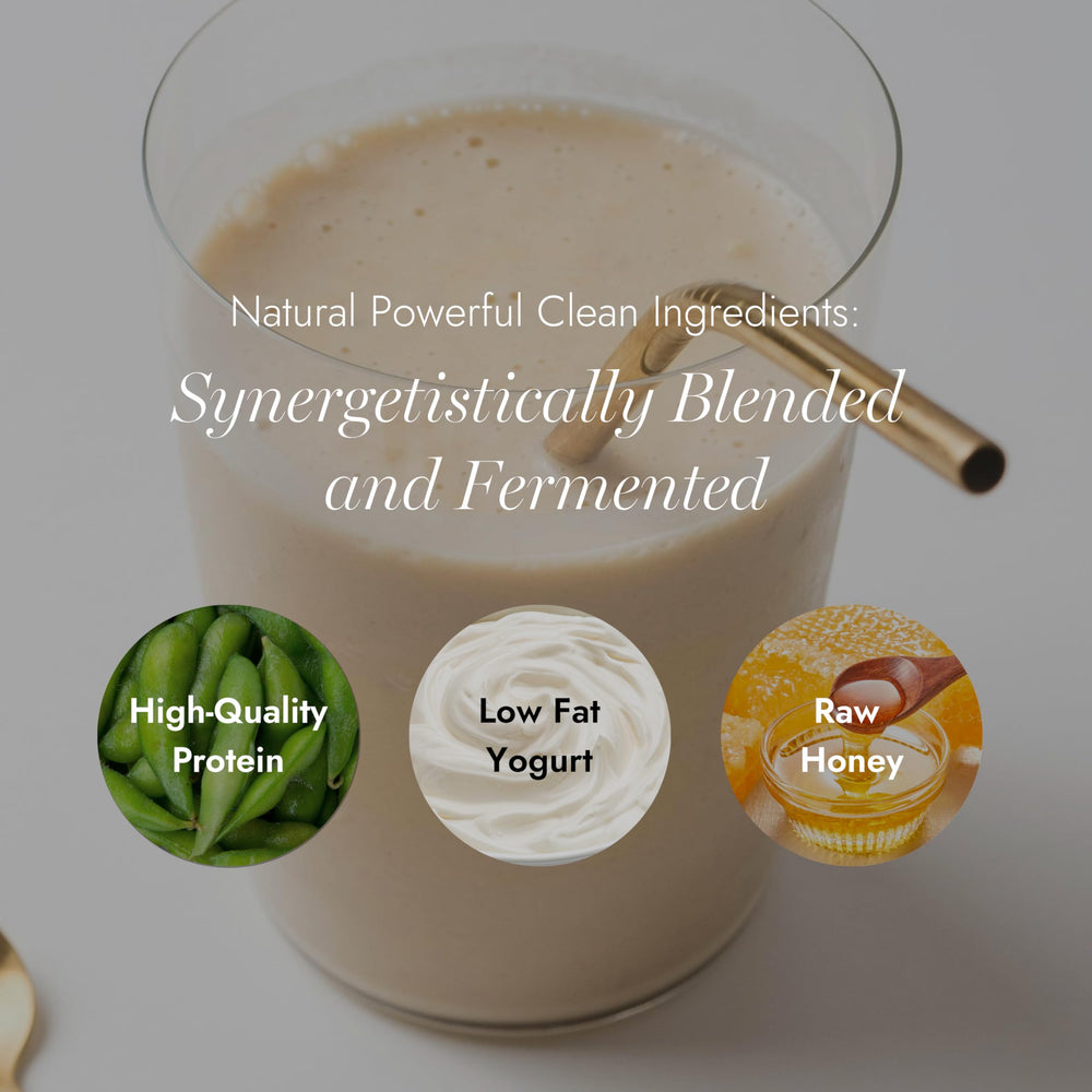 Almased multi-protein powder ingredients-closeup communicates soy and yogurt base for versatility.