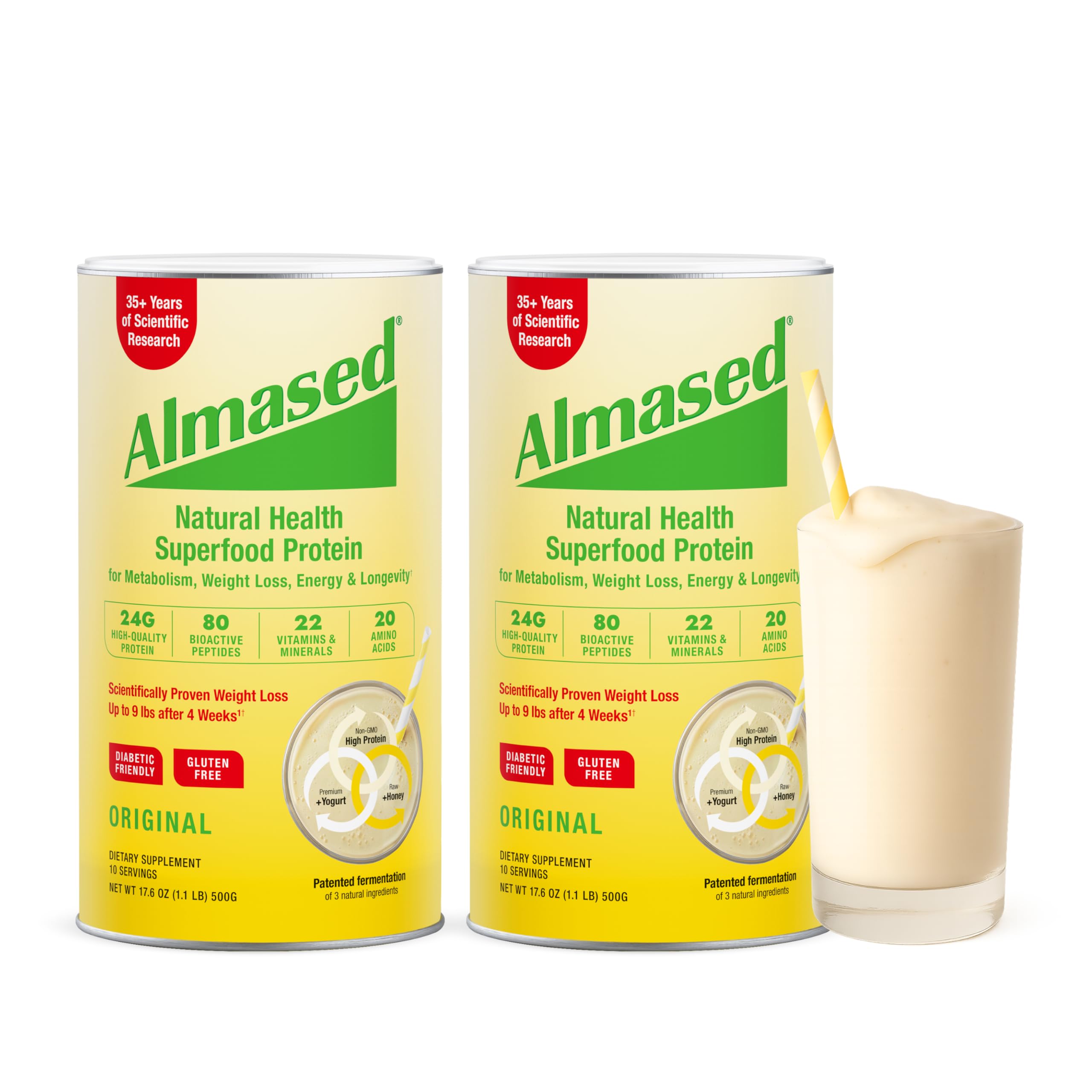 Almased multi-protein powder pack-2-front shows two tubs for convenient meal replacements.