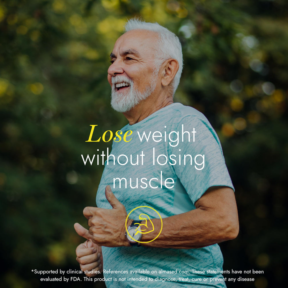 Almased multi-protein powder packaging-label communicates brand heritage and product clarity.