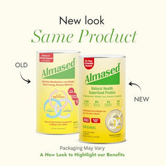 Almased multi-protein powder tub-closeup-label reveals ingredient blend for daily nutrition.