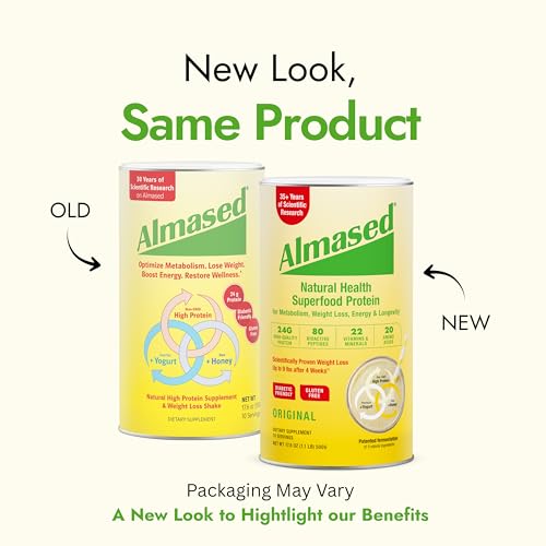 Almased powder pour highlights 24 g protein per serving for satisfying shakes.