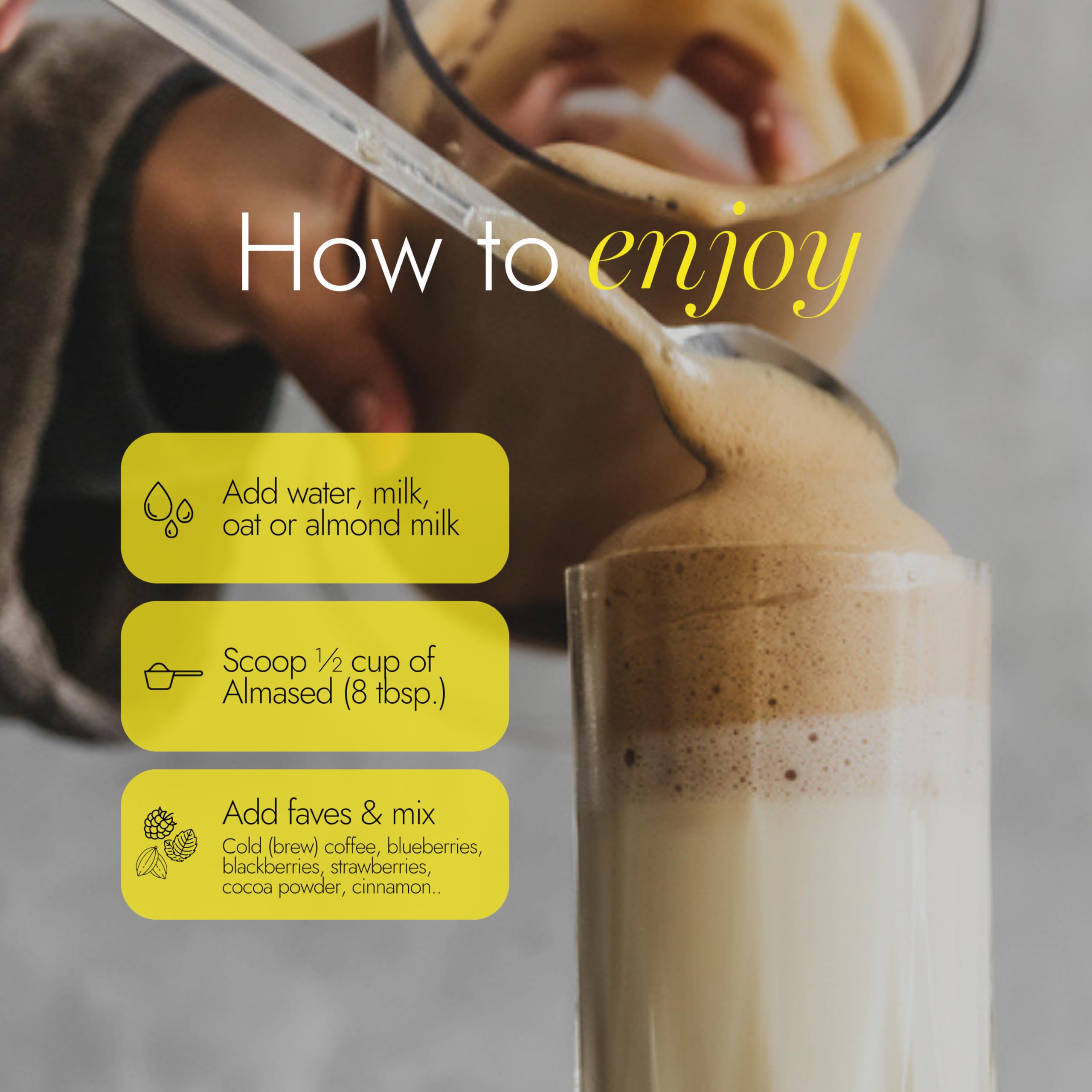 Almased Vanilla powder beside a blender signals a quick post-workout smoothie.