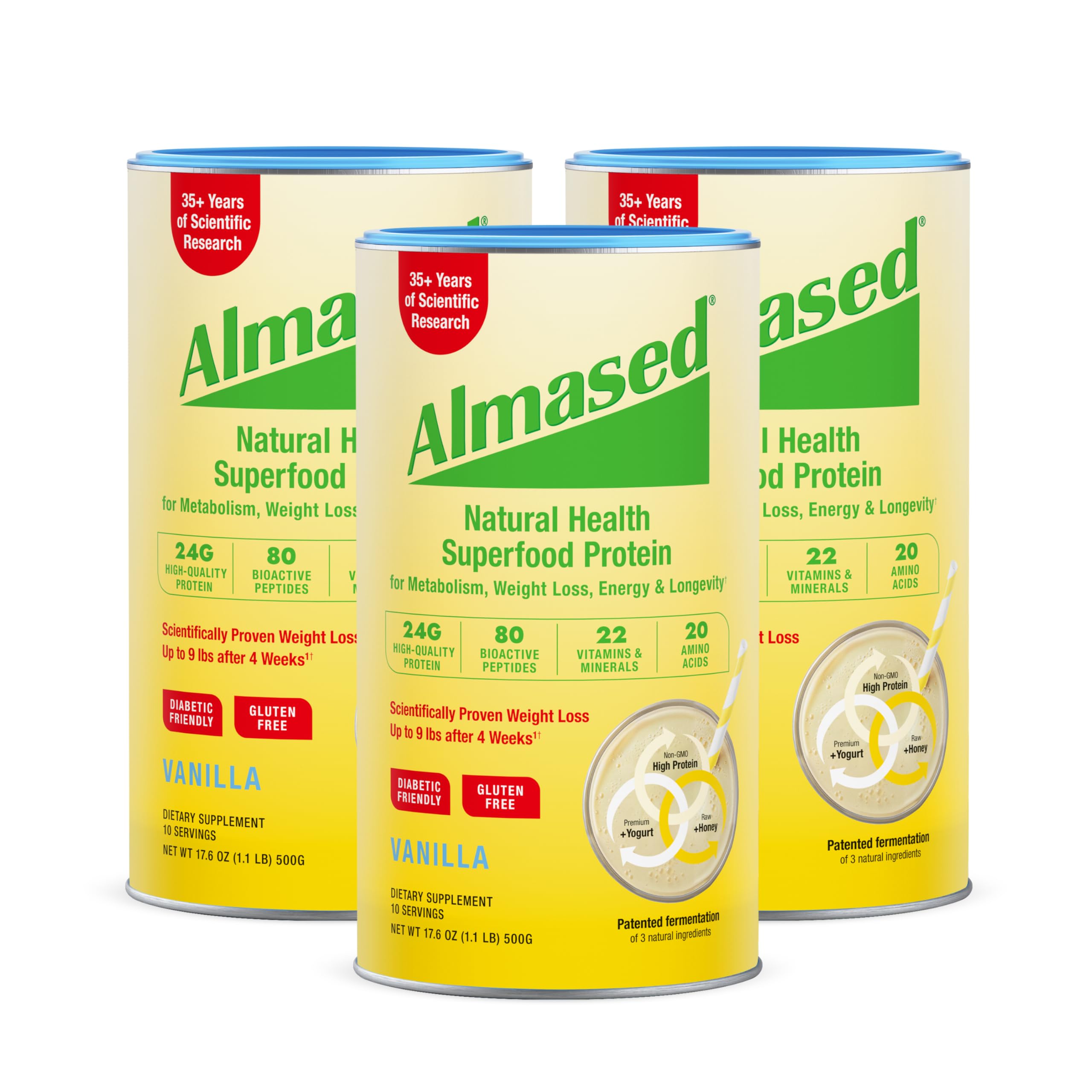Almased Vanilla meal replacement packaging shown for a quick, protein-packed option for busy mornings.