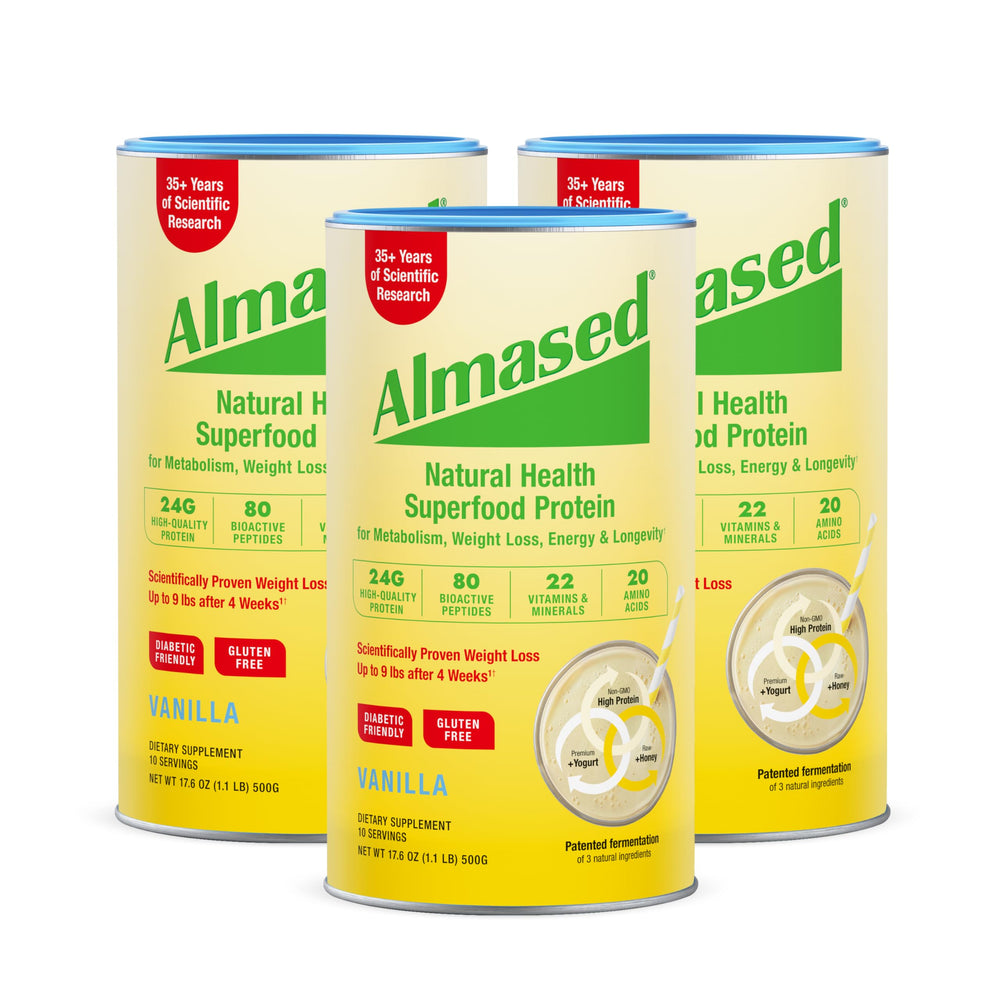 Almased Vanilla meal replacement packaging shown for a quick, protein-packed option for busy mornings.