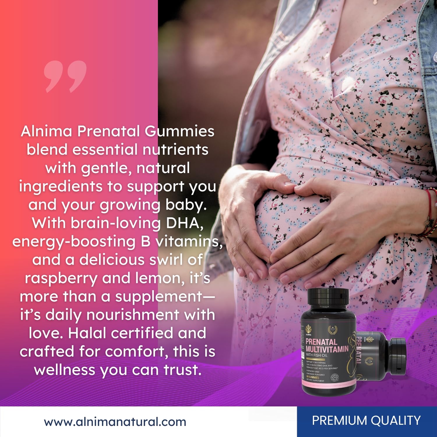 ALNIMA prenatal gummies bottle closeup highlights easy-to-digest fruit gummy nutrition