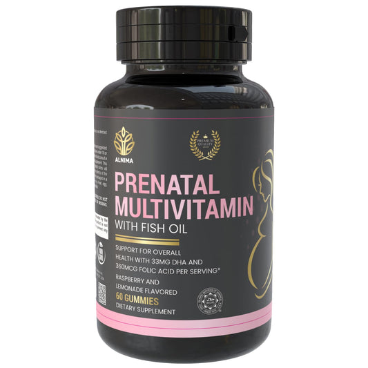 ALNIMA prenatal gummies packaging shows a trusted Halal-certified supplement for moms and babies