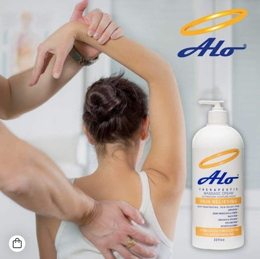 ALO Pain Relief Cream being rubbed into the hand for quick absorption.