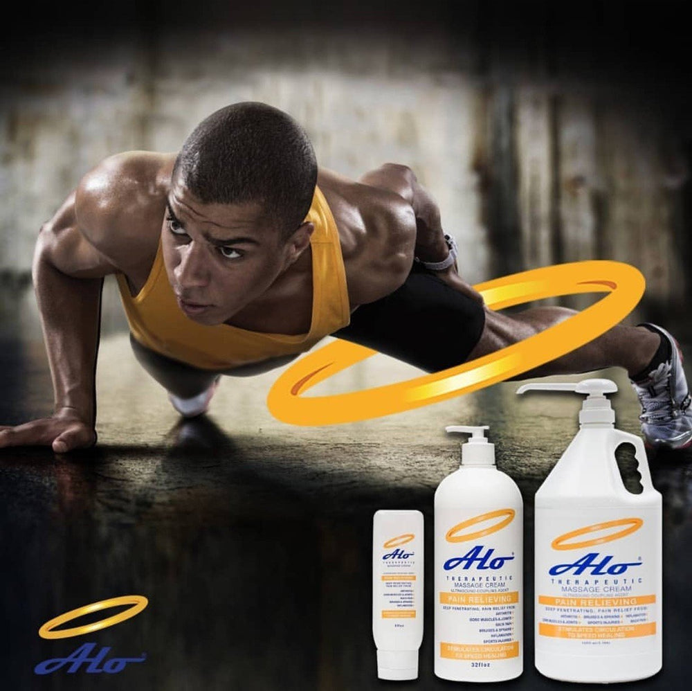 ALO Pain Relief Cream label closeup highlights brand and formula quality.
