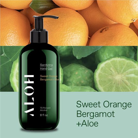 ALO Sanitizing Hand Gel bottle back label with ingredient details for informed use.