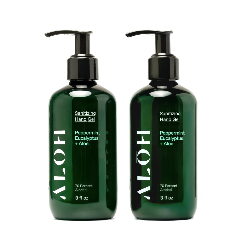 ALŌH hand gel set of two bottles with pumps for on-the-go cleansing