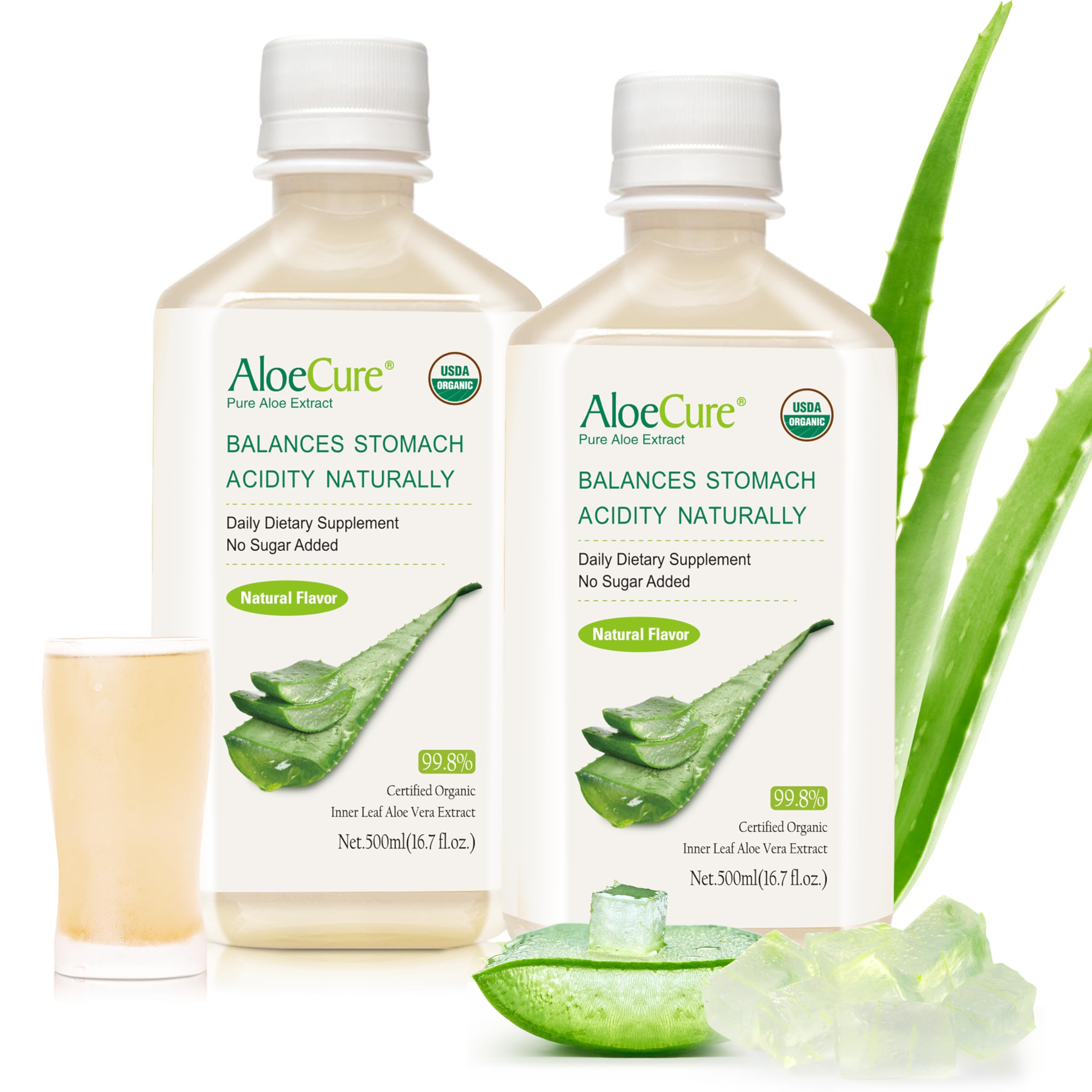 AloeCure aloe juice bottle shows organic freshness for daily digestion.