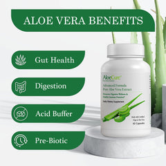 AloeCure aloe vera capsules bottle back label, detailing certifications and eco-friendly sourcing.