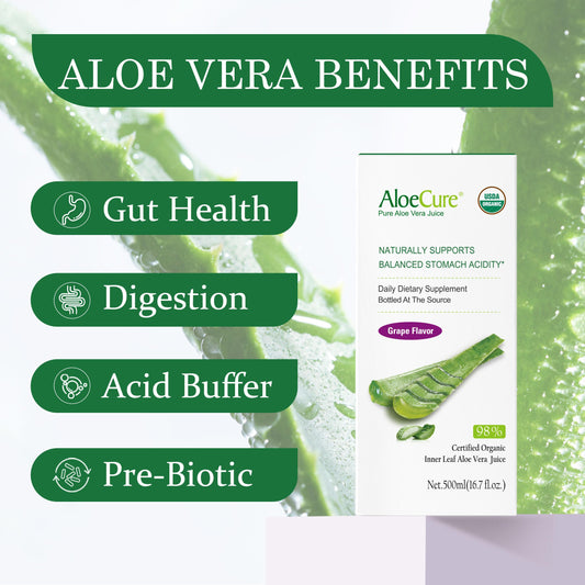 AloeCure label closeup shows non-concentrate inner leaf gel and organic ingredients.