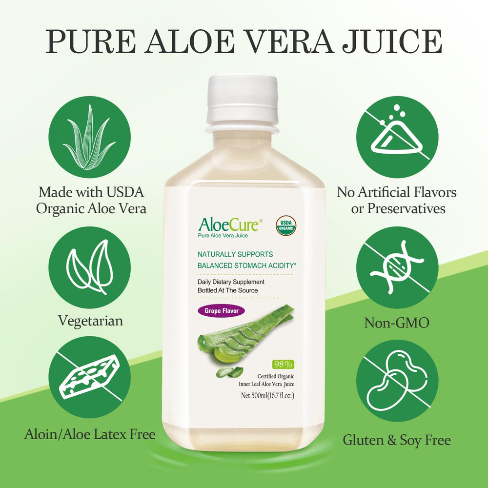 AloeCure bottle pouring into a glass for a refreshing serving.