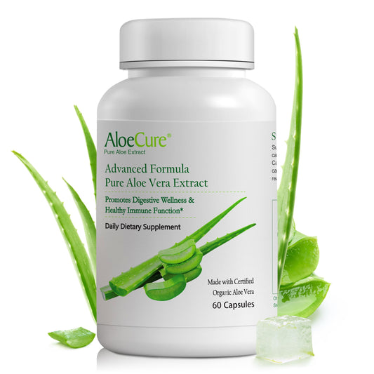 AloeCure cápsulas Aloe Vera 300 mg en frasco para apoyo digestivo diario.