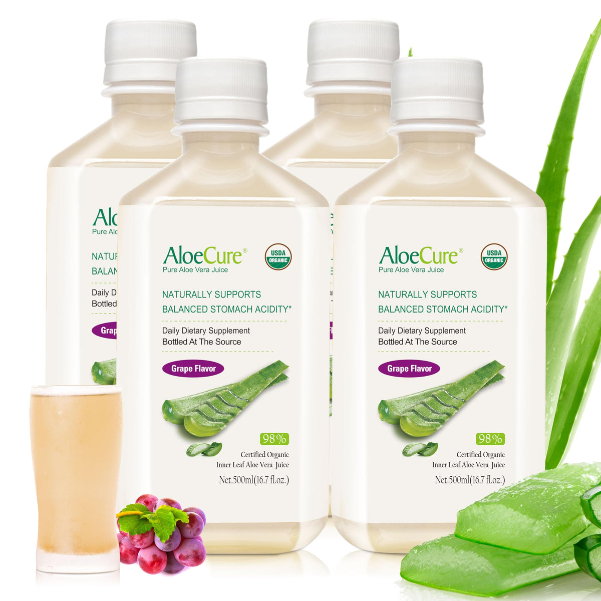 AloeCure grape flavor bottle front with USDA Organic designation for daily wellness.