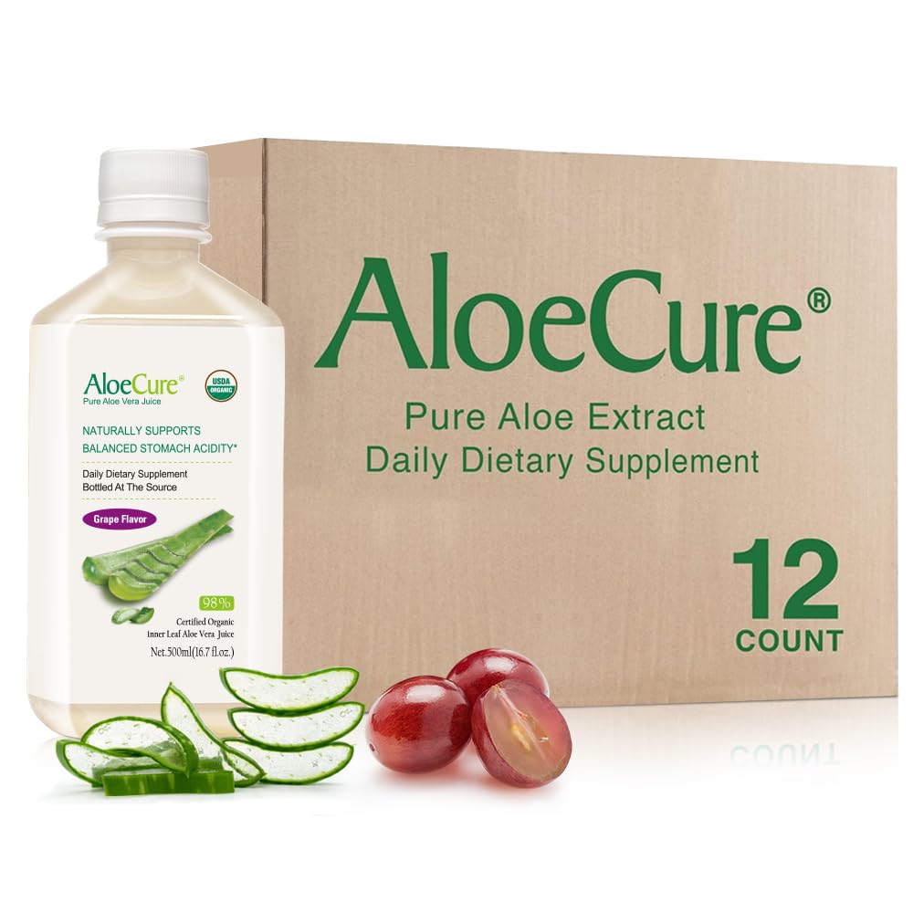 AloeCure grape juice bottle displaying the product and label for daily hydration