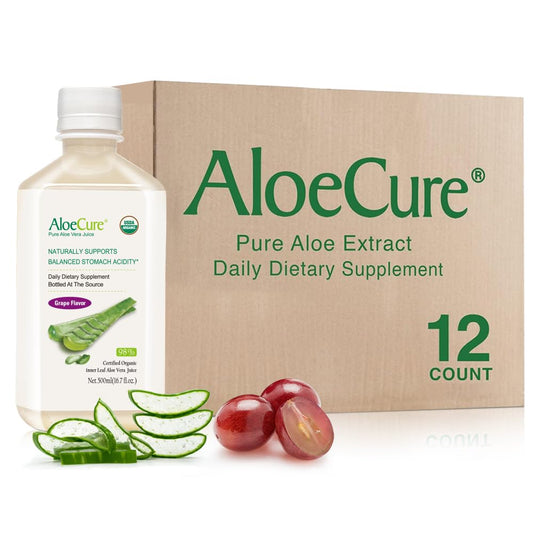 AloeCure grape juice bottle displaying the product and label for daily hydration