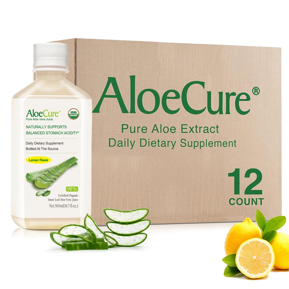 AloeCure Lemon Flavor bottle front showing organic aloe juice for daily digestive support.