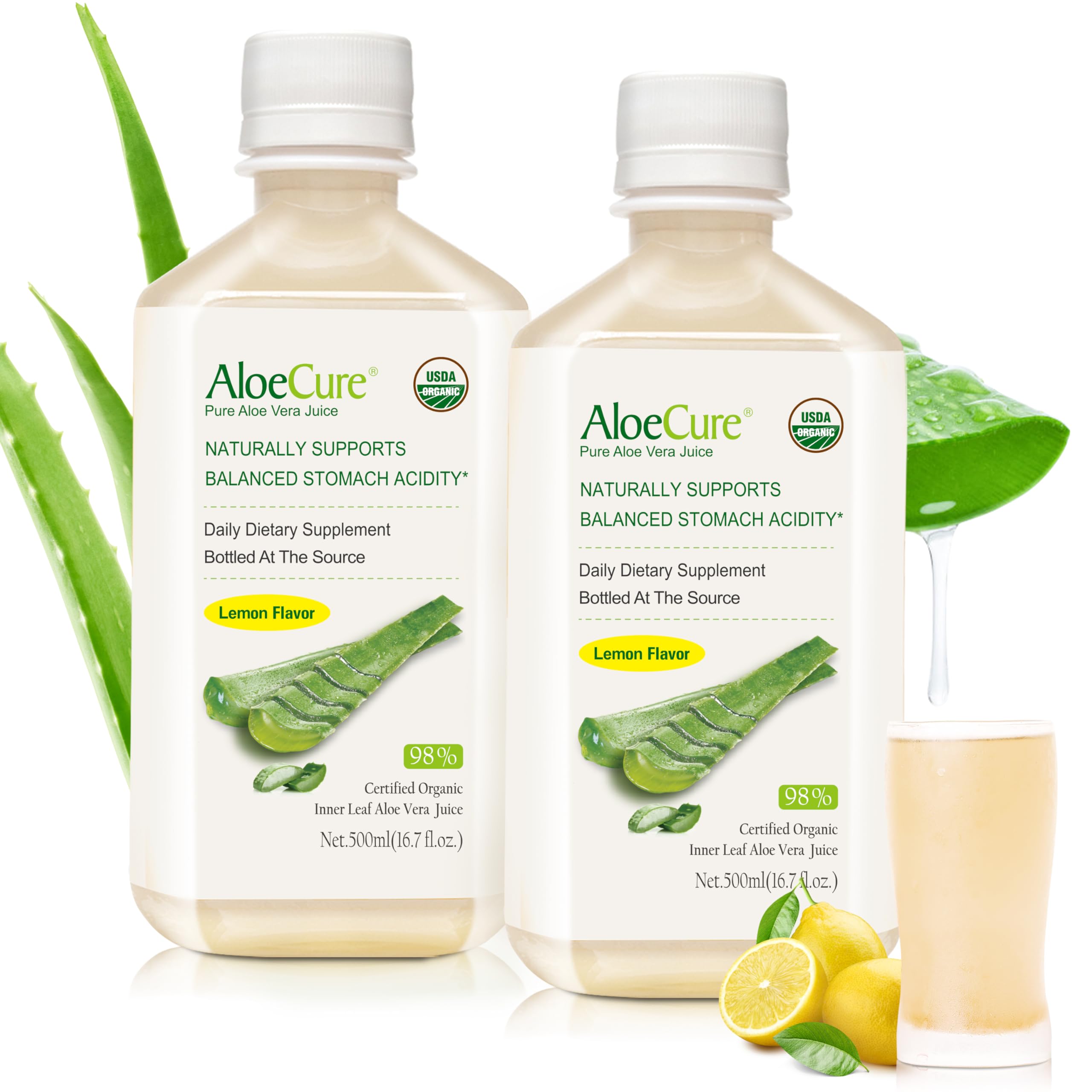 AloeCure lemon-flavor front label signaling pure aloe for daily digestive support.