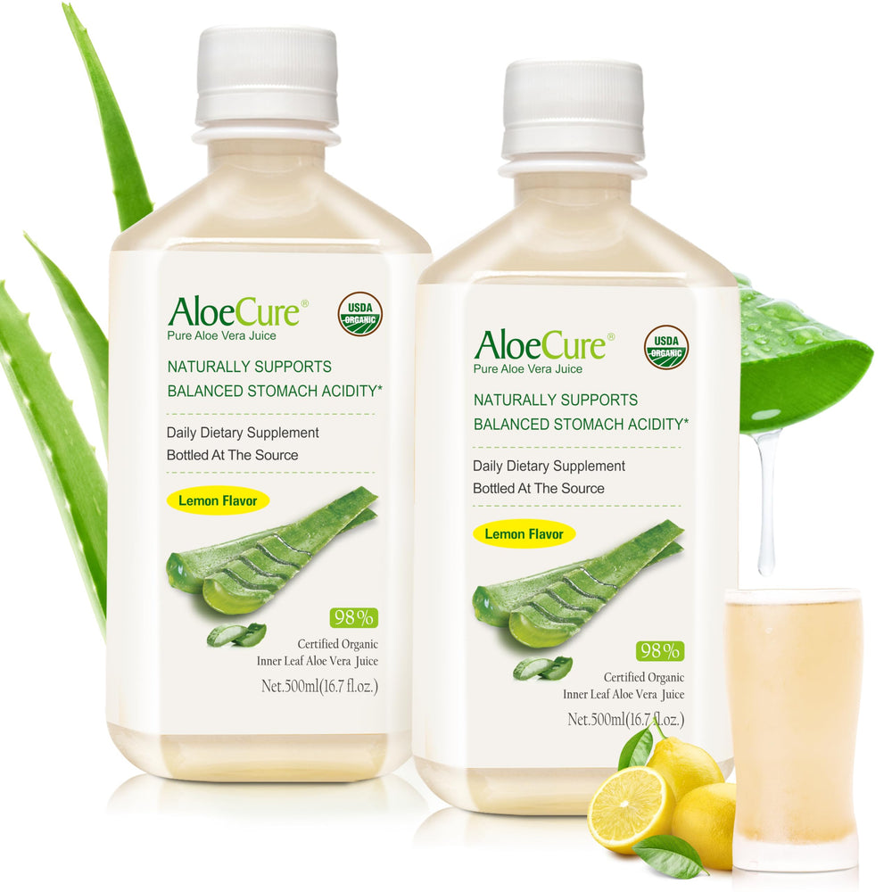 AloeCure lemon-flavor front label signaling pure aloe for daily digestive support.