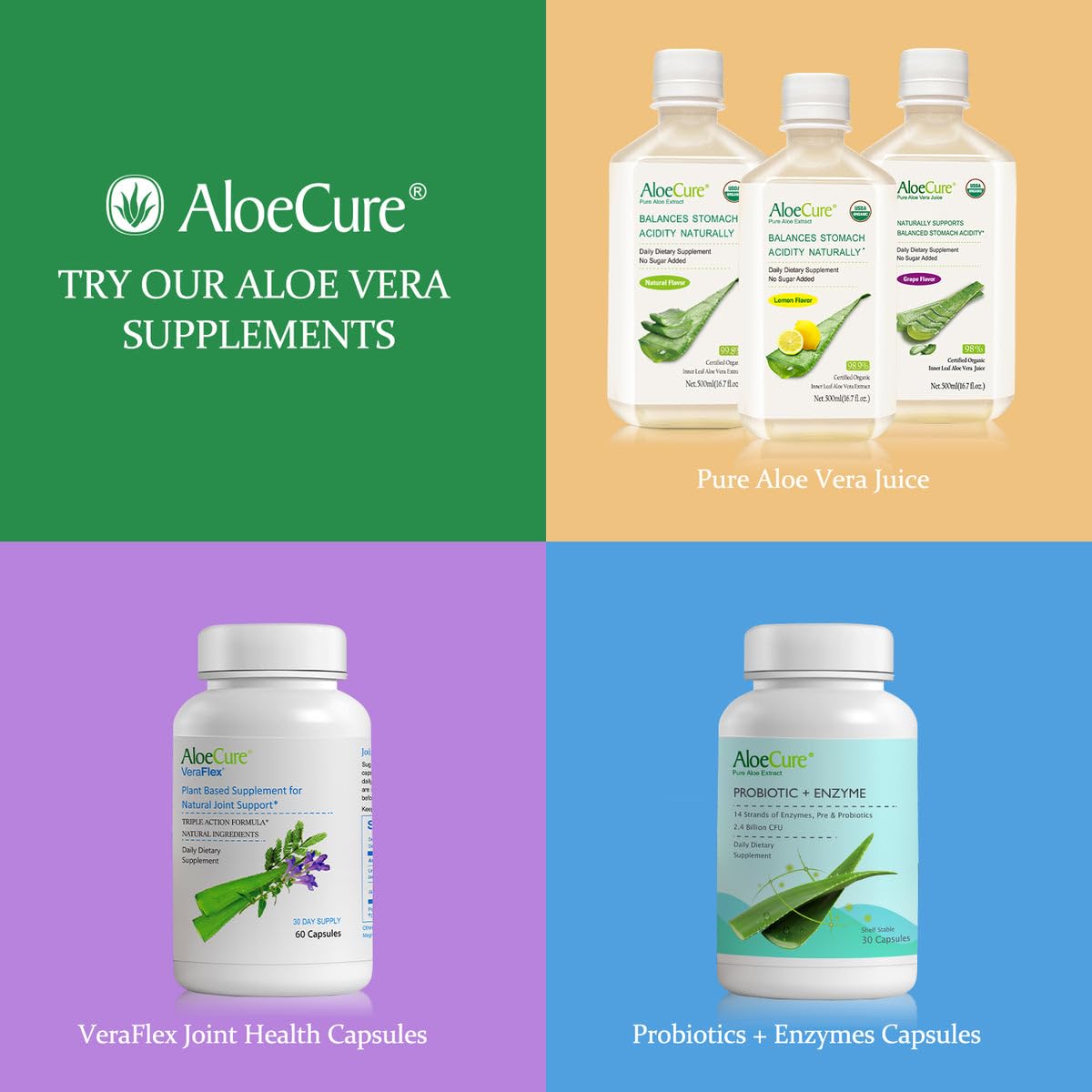 AloeCure-organic-certificates logos underscore USDA and EU organic certification.